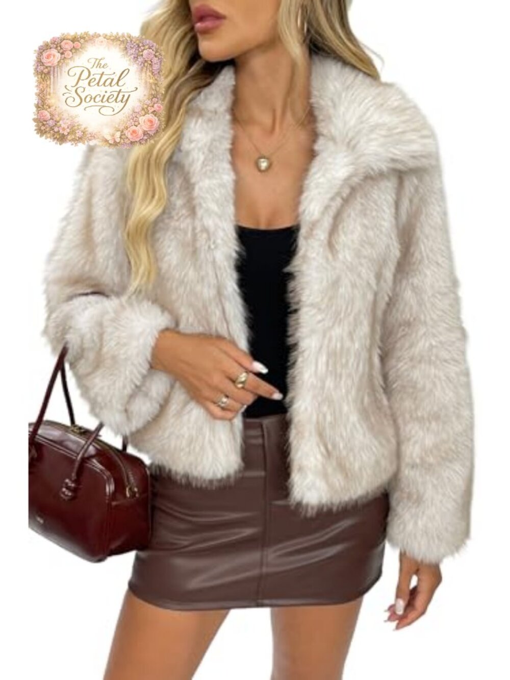 Two-Tone Faux Fur Coat Quilted Lined Lapel Collar Fluffy Jacket